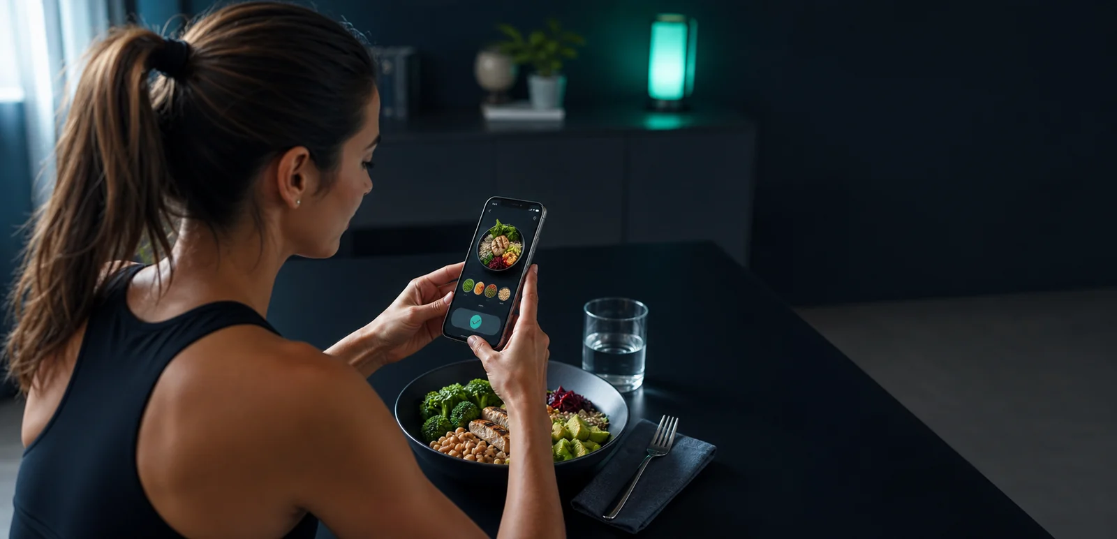 Woman photographing a healthy meal and saving the recognized entry on her phone
